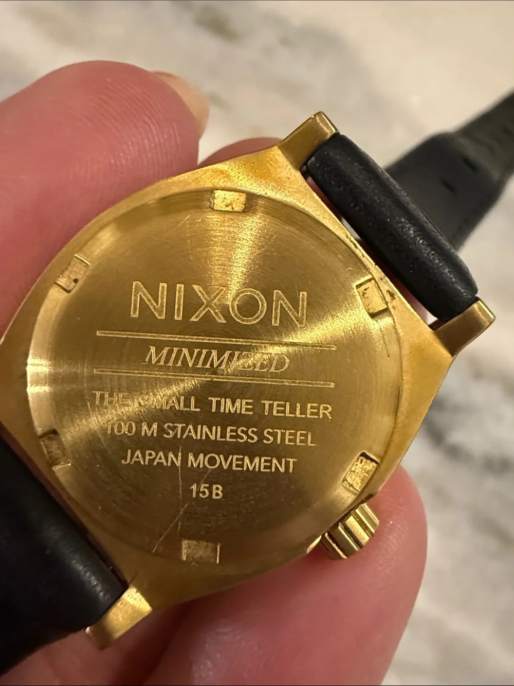 Vintage Nixon Smart Time Teller Gold Case Black Dial Leather Strap Watch